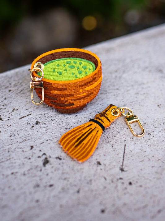 Matcha Bowl and Whisk – Embroidered Keychain Charm Set