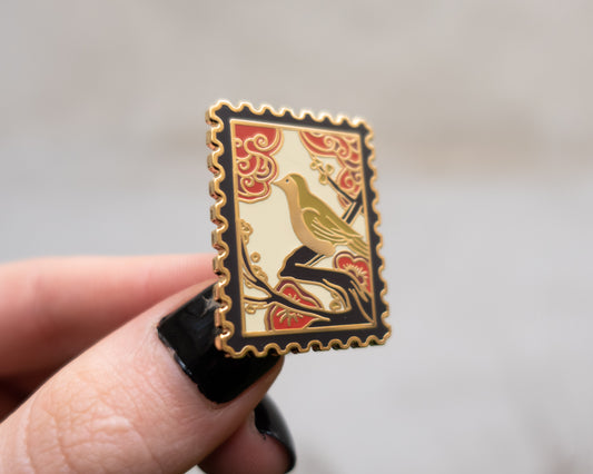 Japanese Hanafuda Stamp Enamel Pin – Bush Warbler Bird