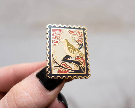 Japanese Hanafuda Stamp Enamel Pin – Bush Warbler Bird