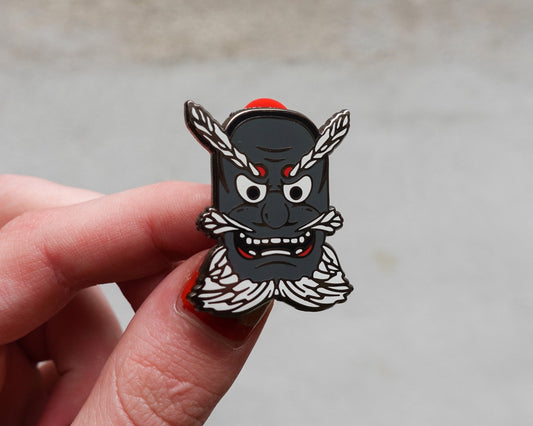 Japanese Tengu Mask Enamel Pin – Black and White Manga Edition