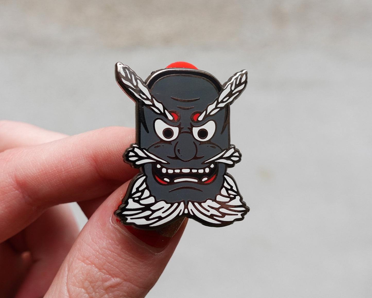 Japanese Tengu Mask Enamel Pin – Black and White Manga Edition